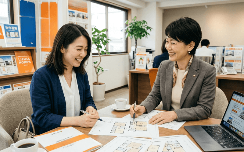 女性が不動産会社で女性担当者と間取り図を見ながら笑顔で相談している様子