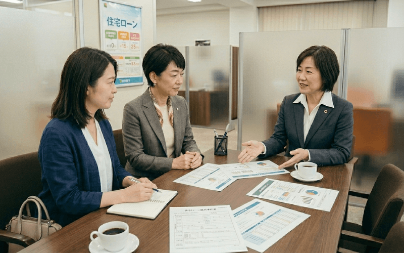 女性が銀行の住宅ローン窓口で担当者から説明を受けている様子