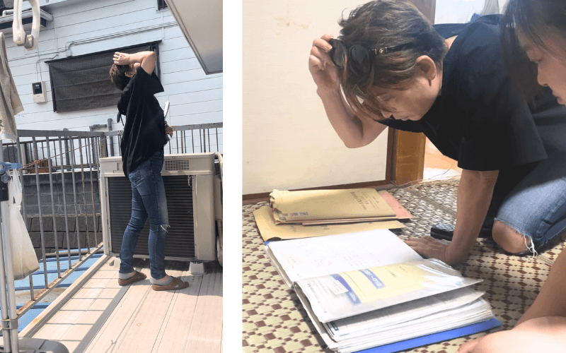 旧居にて。後付けベランダを確認する下田博美社長と書類を確認している様子