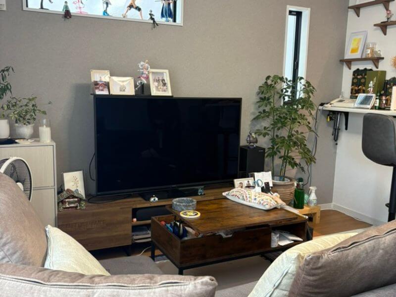 夫婦2人暮らしに十分な広さのリビング、テレビとソファのある空間