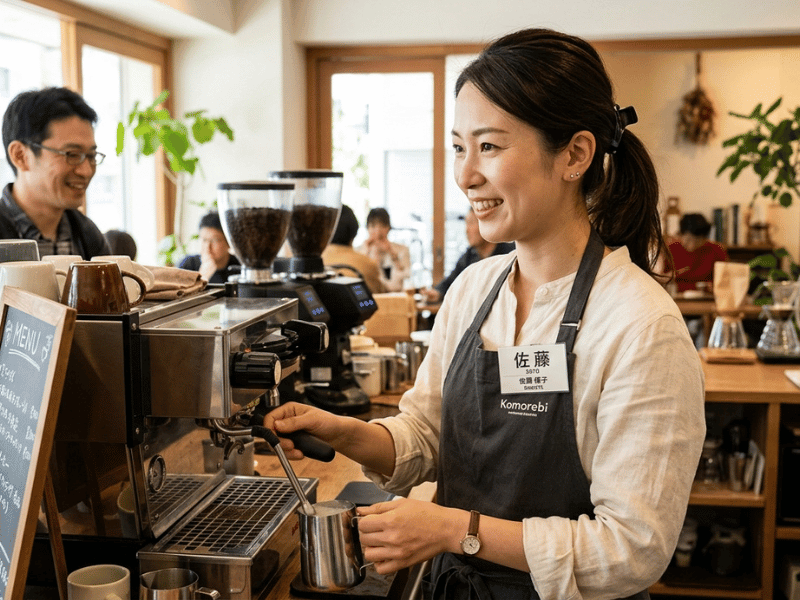 カフェの店員が名札をつけて接客している様子」
