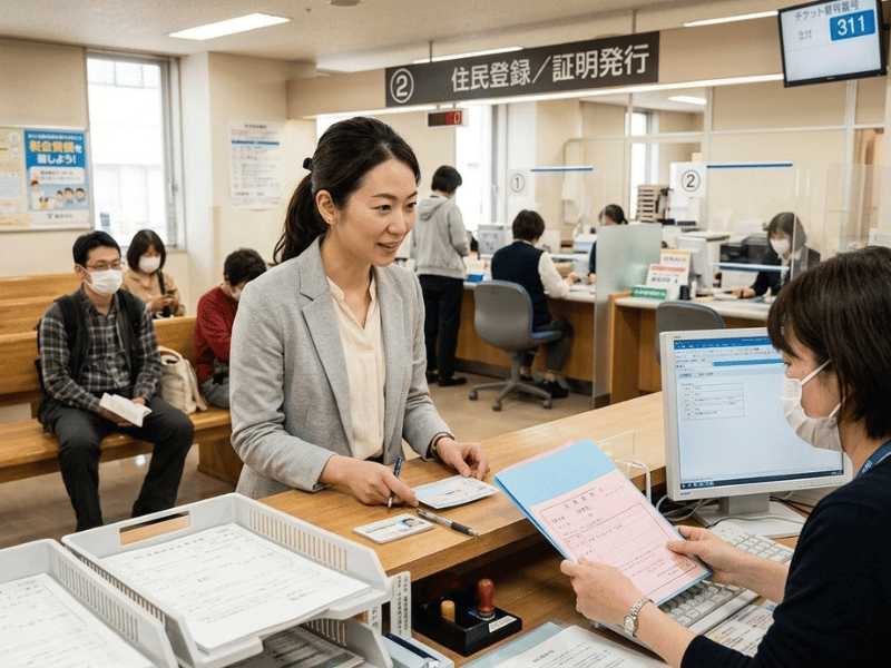 市役所の窓口で手続きをする様子